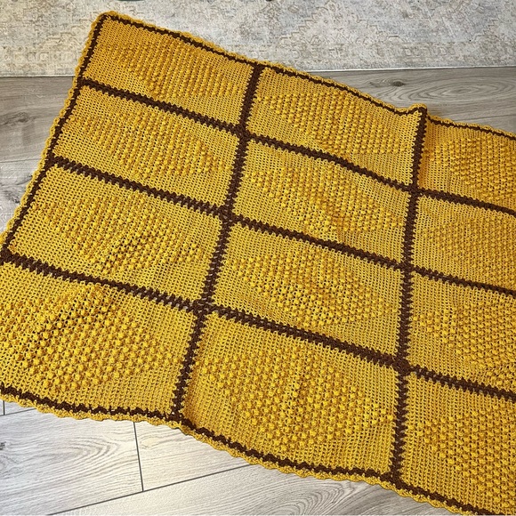 Handmade Crochet Granny Square Blanket Mustard Yellow Brown Fall Themed 41”x58” - Picture 3 of 7